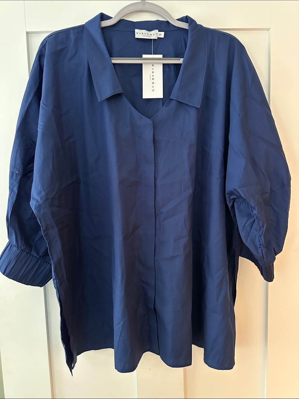Marimekko Deep Blue Relaxed V-Neck Balloon Sleeve Tunic 08